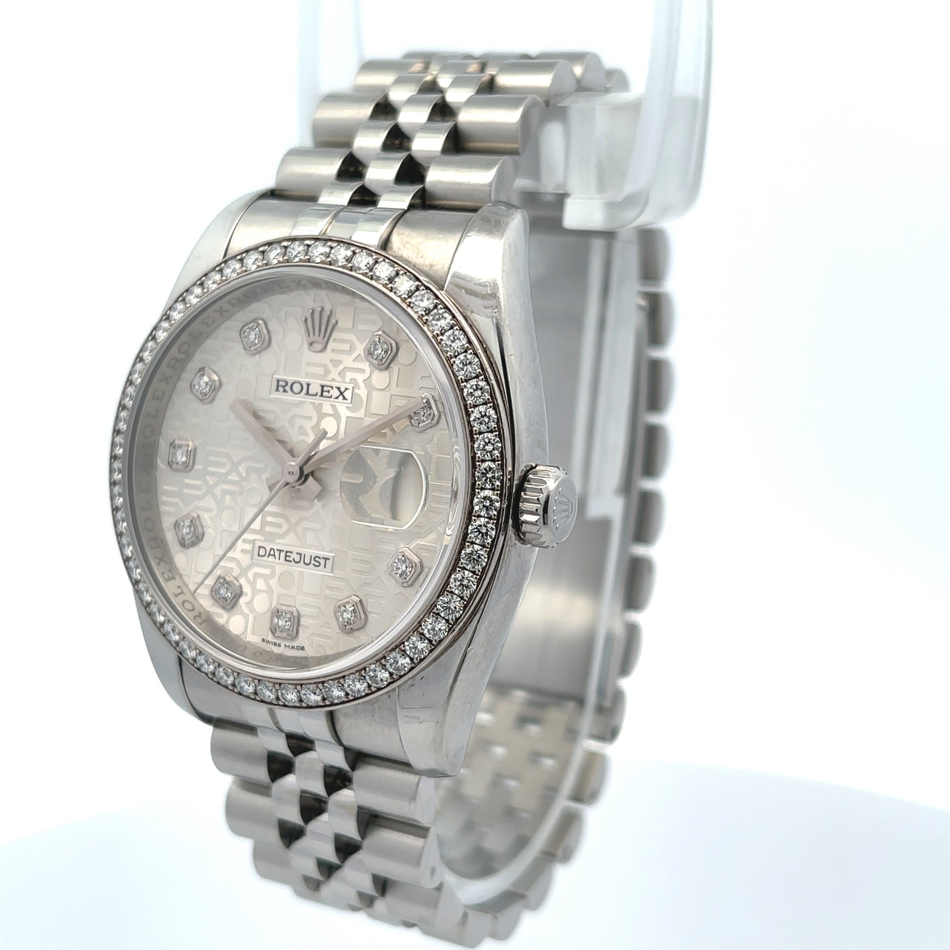 Rolex Datejust 36MM 18k White Gold Diamond Bezel Silver Floral Dial 116244 - Beverly Hills Watch Company