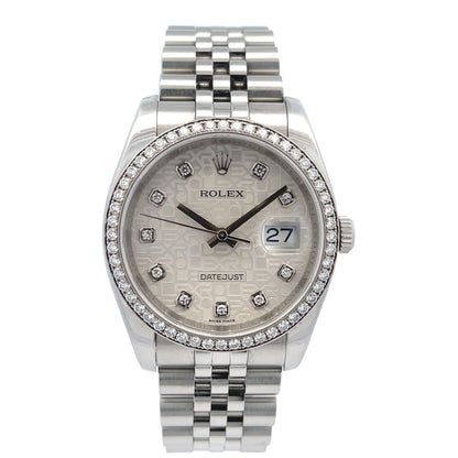 Rolex Datejust 36MM 18k White Gold Diamond Bezel Silver Floral Dial 116244 - Beverly Hills Watch Company