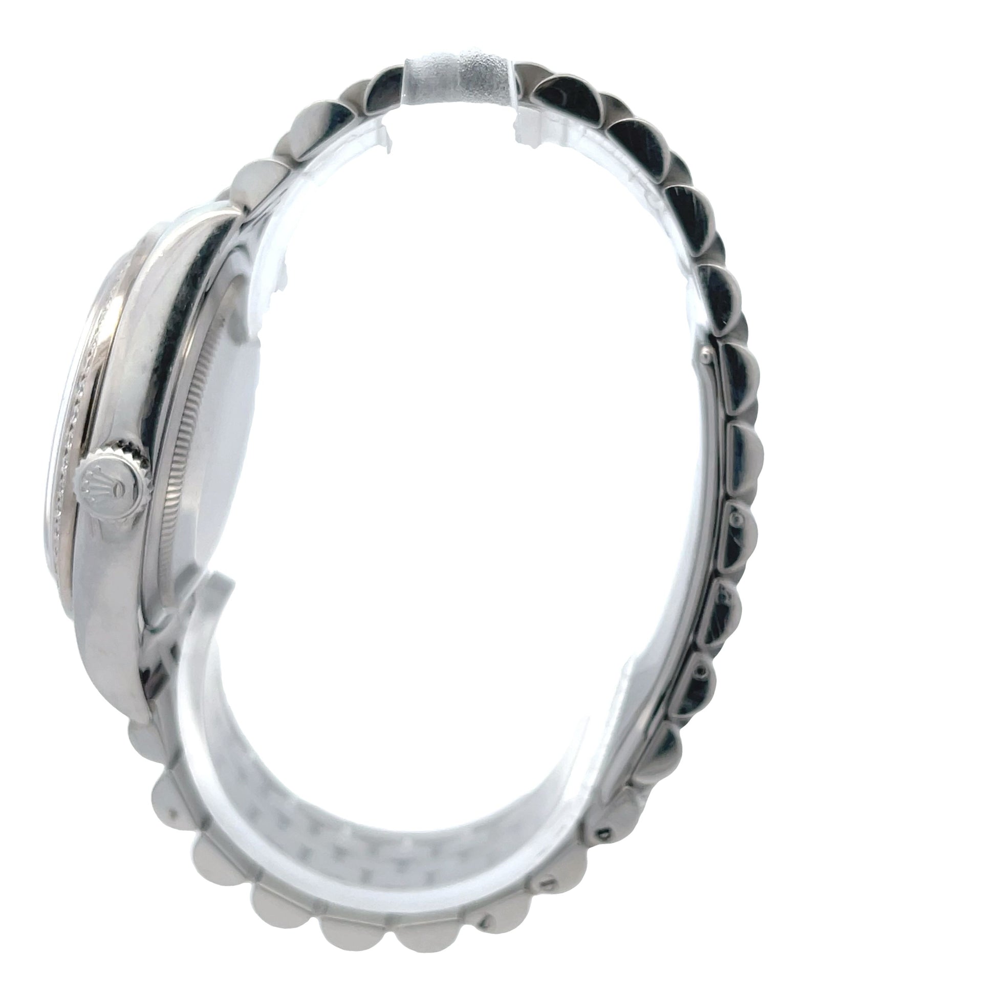 Rolex Datejust 36MM 18k White Gold Diamond Bezel Silver Floral Dial 116244 - Beverly Hills Watch Company