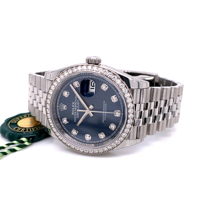 Rolex Datejust 36mm White Gold Diamond Bezel and Blue Diamond Dial 126284RBR - Beverly Hills Watch Company