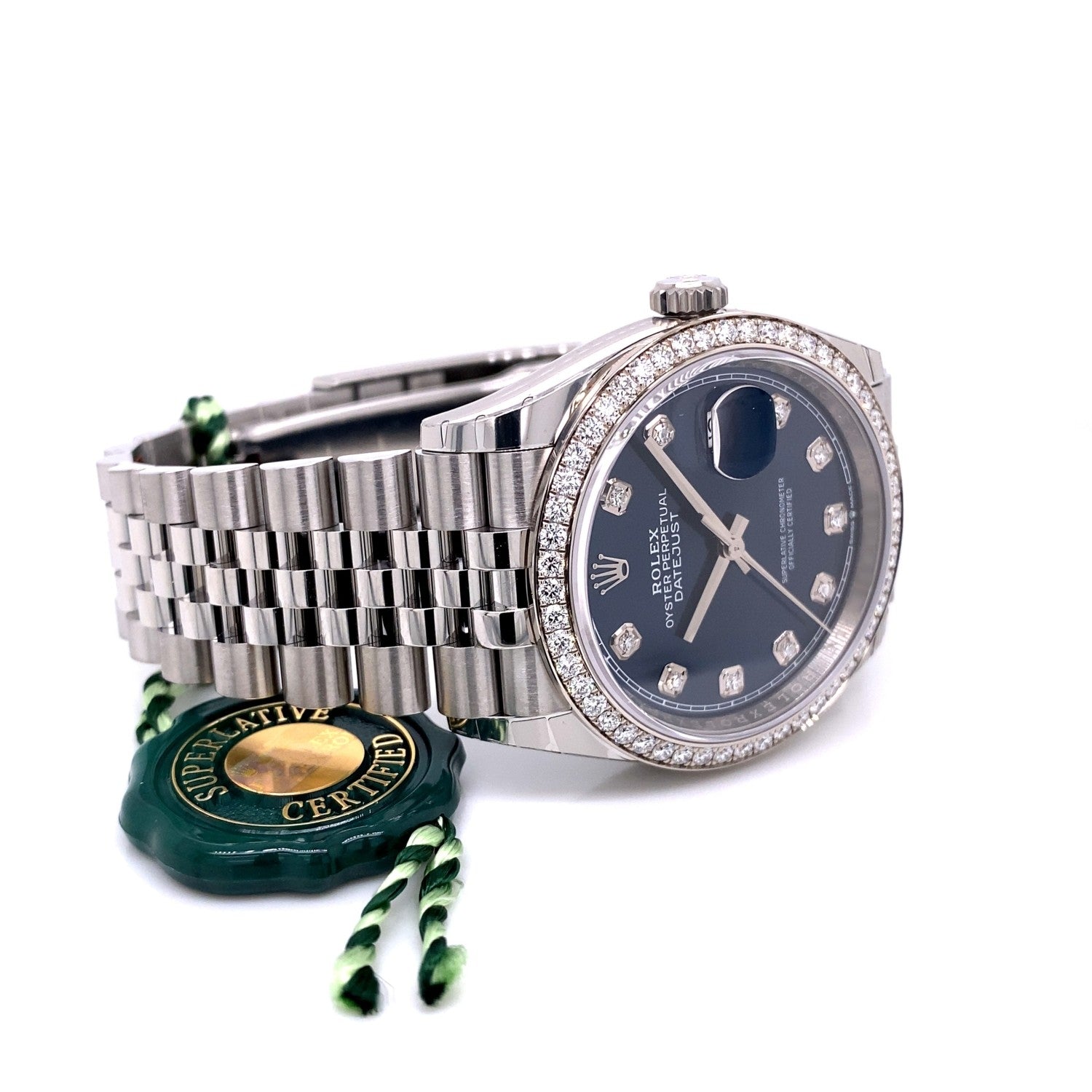 Rolex Datejust 36mm White Gold Diamond Bezel and Blue Diamond Dial 126284RBR - Beverly Hills Watch Company