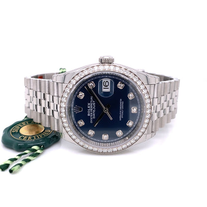 Rolex Datejust 36mm White Gold Diamond Bezel and Blue Diamond Dial 126284RBR - Beverly Hills Watch Company