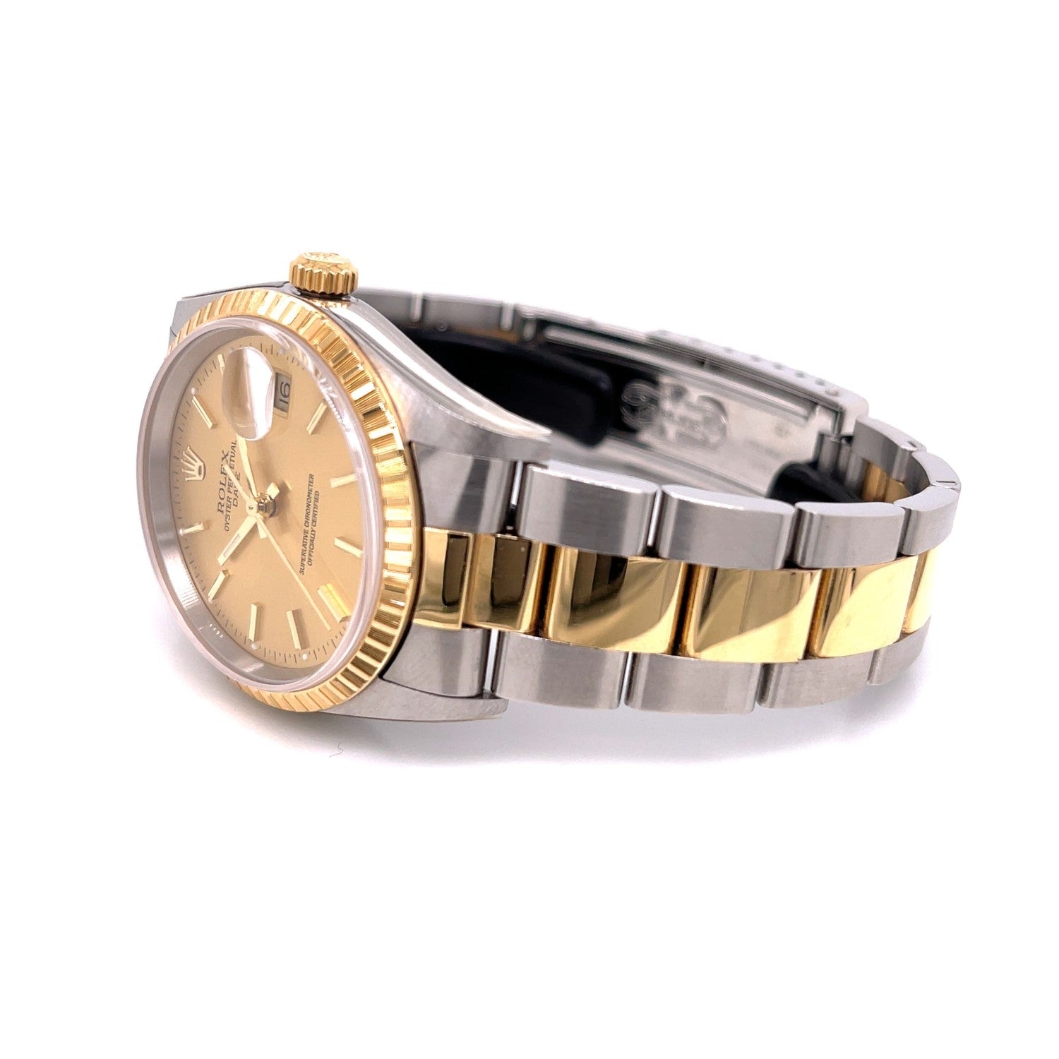 Rolex Date 34mm Fluted Yellow Gold and Stainless Champagne Dial 15233 Z37600 - Beverly Hills Watch Company
