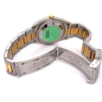 Rolex Date 34mm Fluted Yellow Gold and Stainless Champagne Dial 15233 Z37600 - Beverly Hills Watch Company