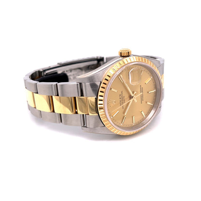Rolex Date 34mm Fluted Yellow Gold and Stainless Champagne Dial 15233 Z37600 - Beverly Hills Watch Company