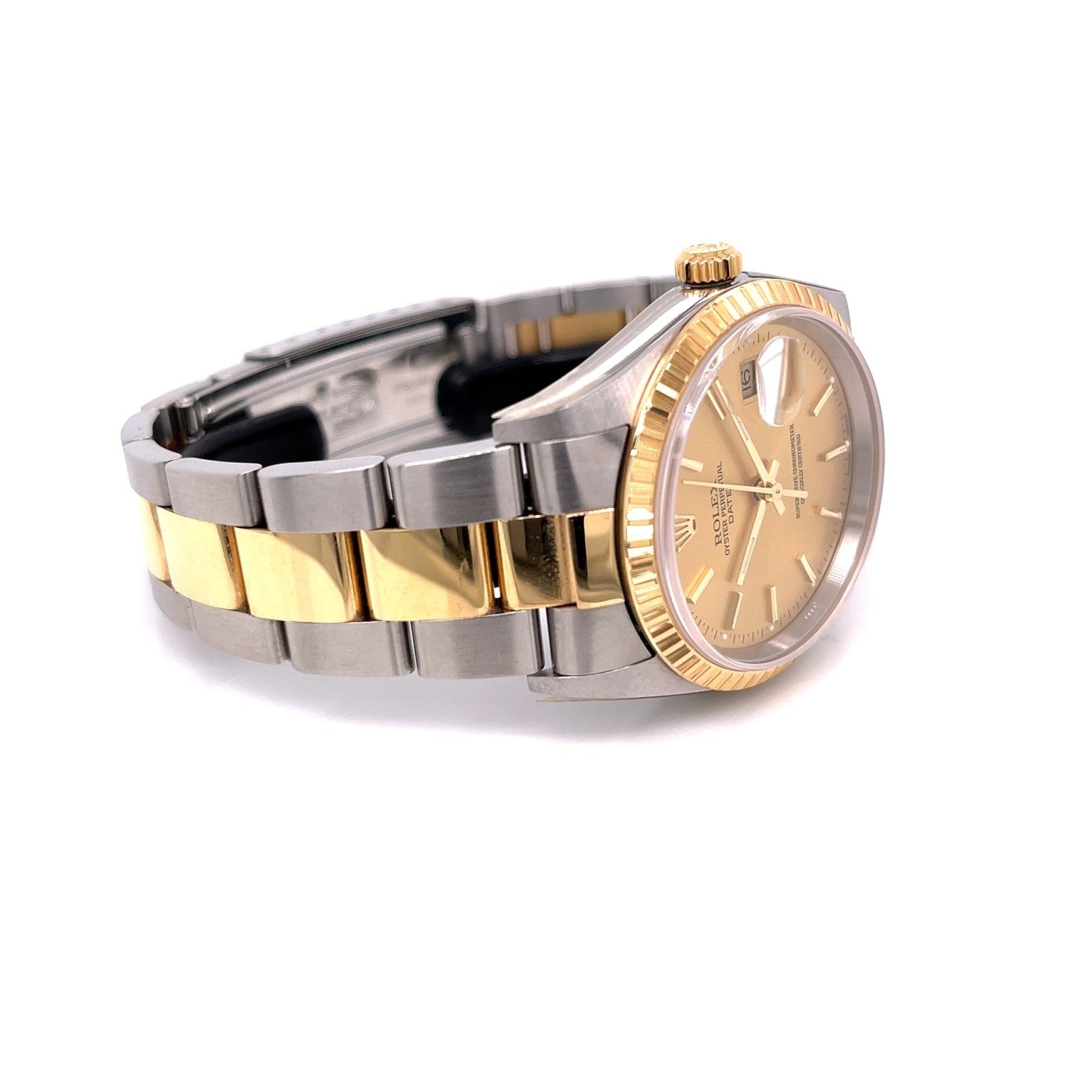 Rolex Date 34mm Fluted Yellow Gold and Stainless Champagne Dial 15233 Z37600 - Beverly Hills Watch Company
