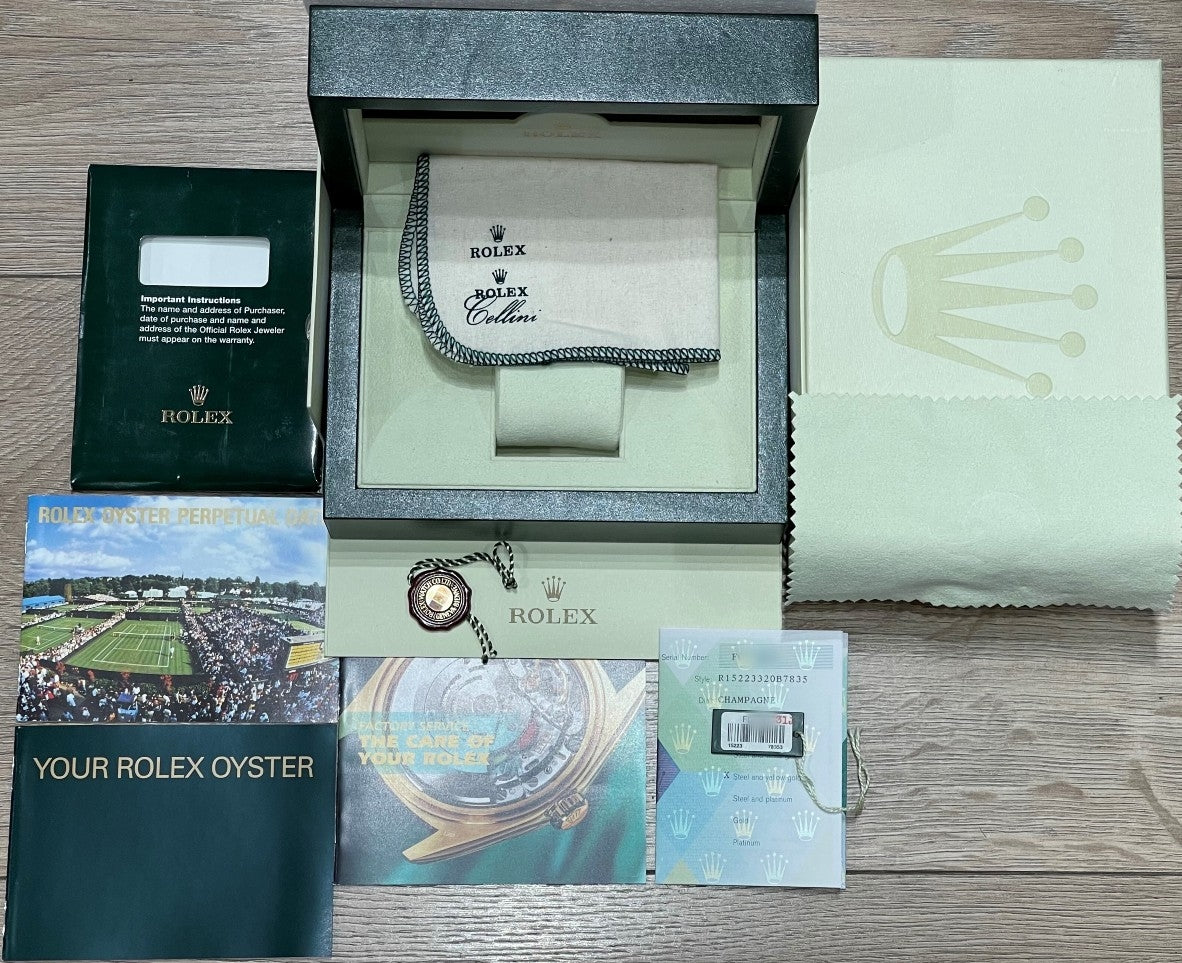 Rolex Date 34mm Fluted Yellow Gold and Stainless Champagne Dial 15233 Z37600 - Beverly Hills Watch Company