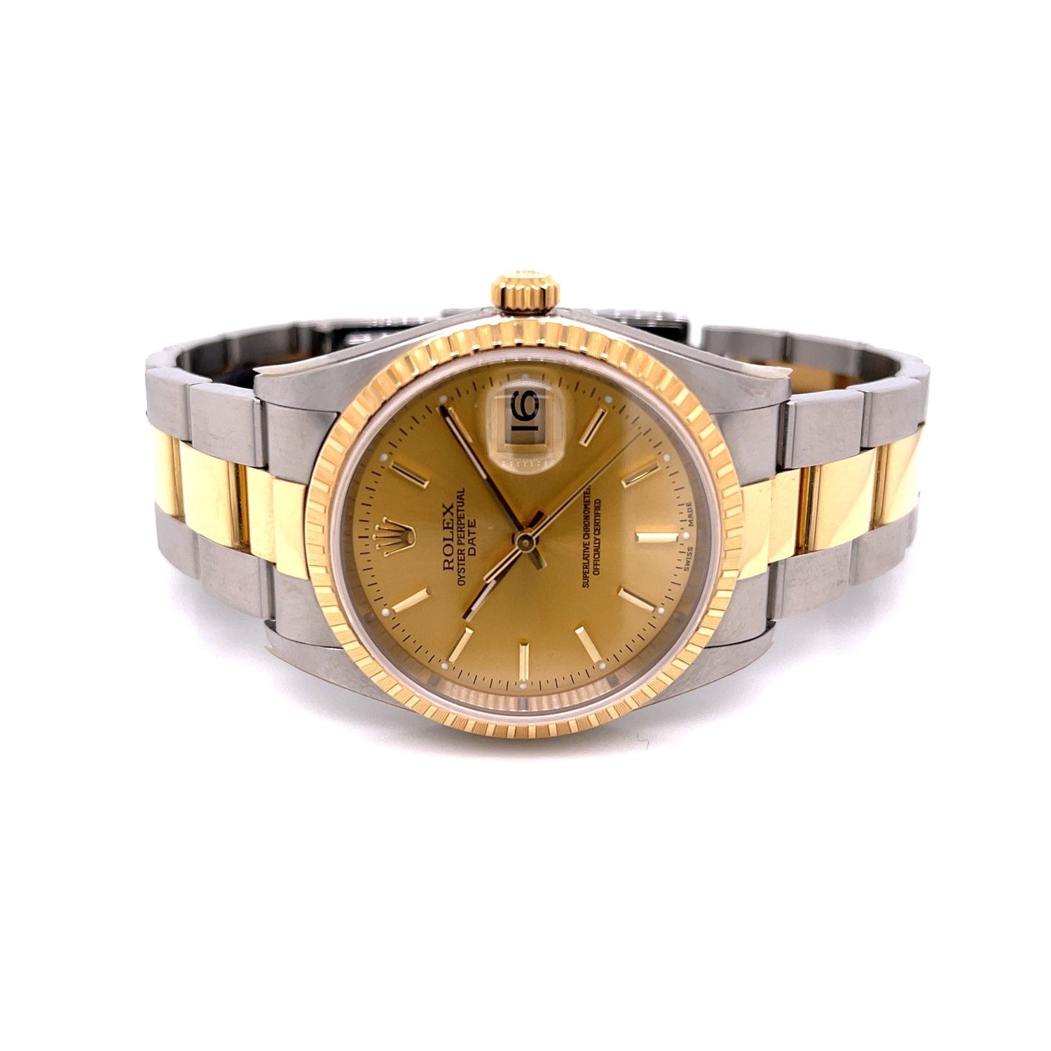 Rolex Date 34mm Fluted Yellow Gold and Stainless Champagne Dial 15233 Z37600 - Beverly Hills Watch Company