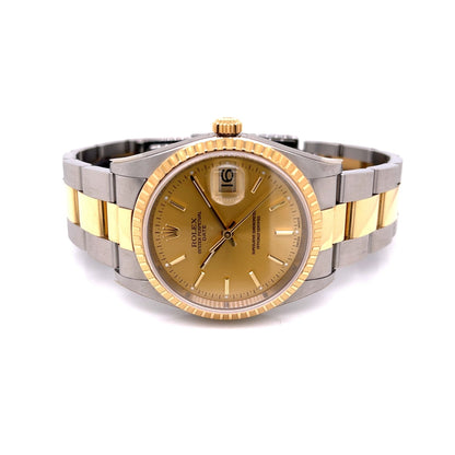 Rolex Date 34mm Fluted Yellow Gold and Stainless Champagne Dial 15233 Z37600 - Beverly Hills Watch Company