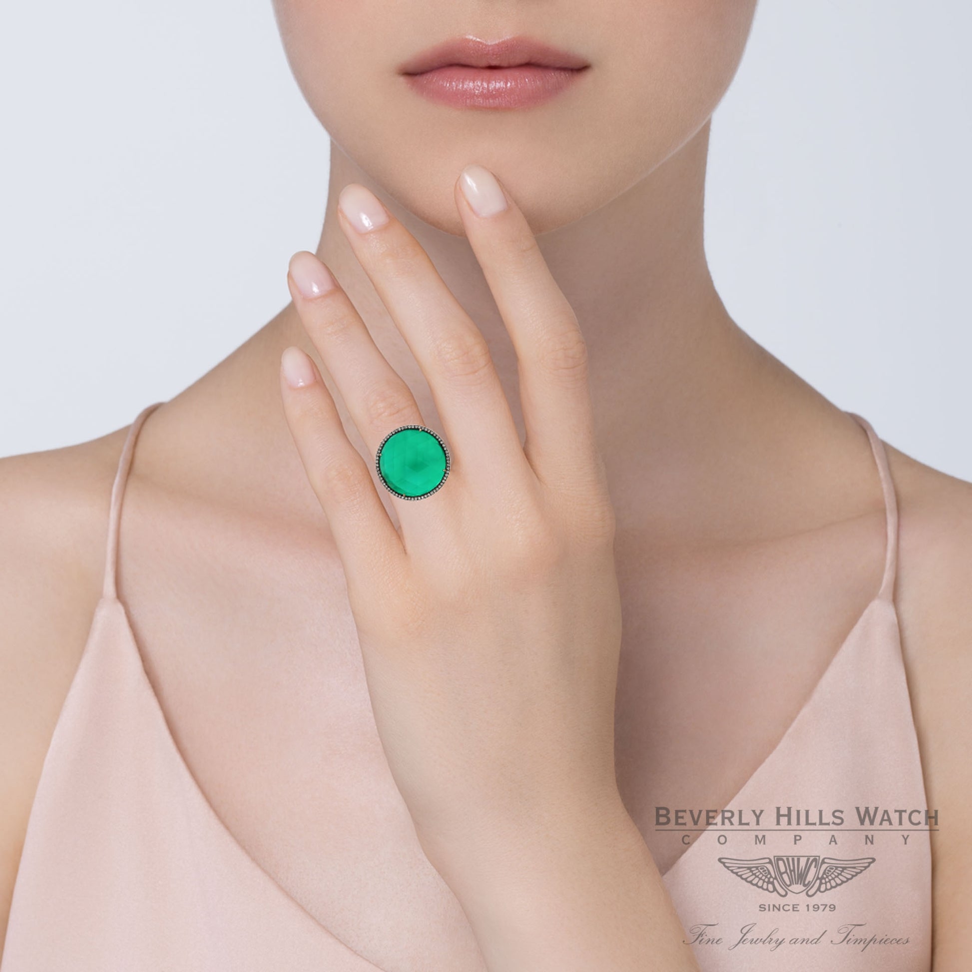 18K Rose Gold Green Agate Silver Diamond Ring with White Quartz Naira & C ZCJ51D - Beverly Hills Watch