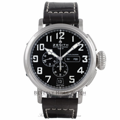 Zenith Pilot Montre d'Aeronef Type 20 Annual Calendar 48MM Stainless Steel Chronograph Black Dial Dark Brown Alligator Strap 03.2430.4054-21.C721 8RD76P - Beverly Hills Watch Store
