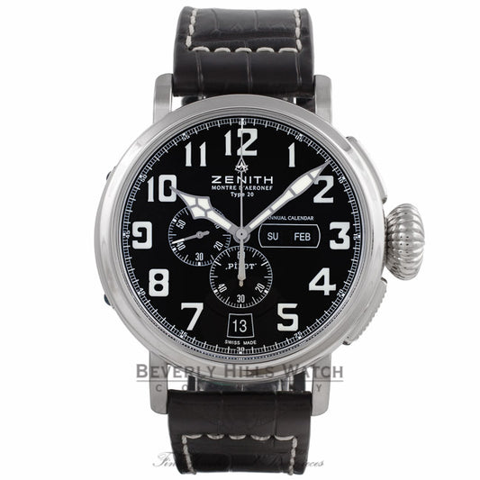 Zenith Pilot Montre d'Aeronef Type 20 Annual Calendar 48MM Stainless Steel Chronograph Black Dial Dark Brown Alligator Strap 03.2430.4054-21.C721 8RD76P - Beverly Hills Watch Store
