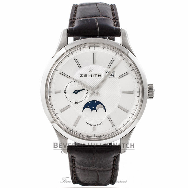 Zenith Captain Elite Moonphase Stainless Steel Silver Dial Alligator Strap 03.2140.691/02.C498 A5NGY3 - Beverly Hills Watch Company Watch Store