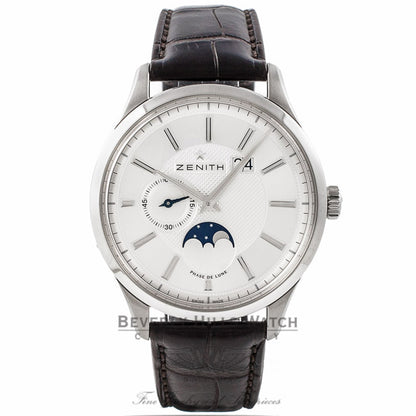 Zenith Captain Elite Moonphase Stainless Steel Silver Dial Alligator Strap 03.2140.691/02.C498 A5NGY3 - Beverly Hills Watch Company Watch Store