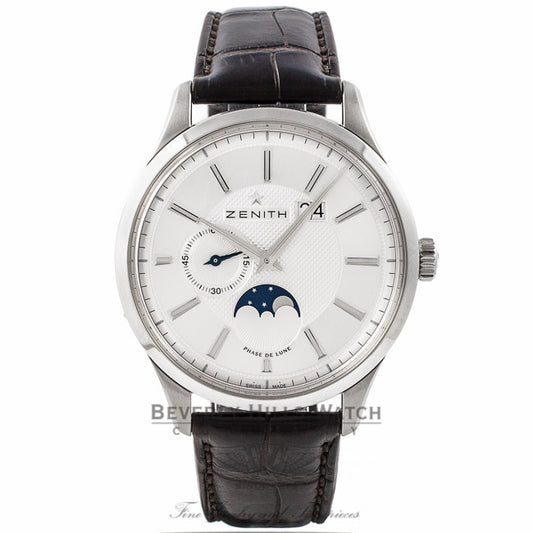 Zenith Captain Elite Moonphase Stainless Steel Silver Dial Alligator Strap 03.2140.691/02.C498 A5NGY3 - Beverly Hills Watch Company Watch Store