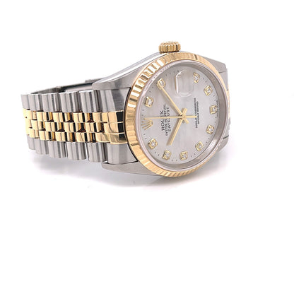 Rolex Datejust 36MM Yellow Gold Stainless and Stainless Steel Mother of Pearl Diamond Dial 16233 - Beverly Hills Watch Company