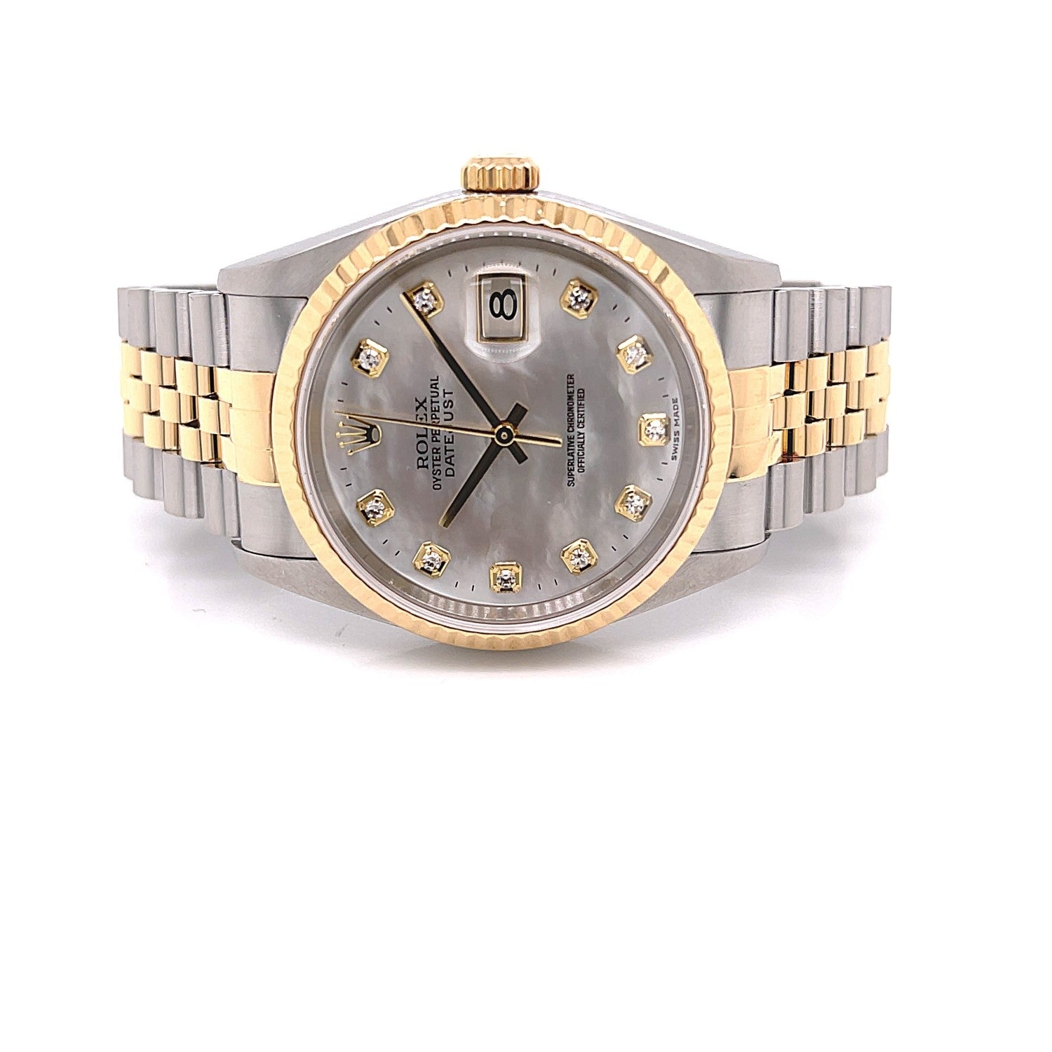 Rolex Datejust 36MM Yellow Gold Stainless and Stainless Steel Mother of Pearl Diamond Dial 16233 - Beverly Hills Watch CompanyRolex Datejust 36MM Yellow Gold Stainless and Stainless Steel Mother of Pearl Diamond Dial 16233 - Beverly Hills Watch Company