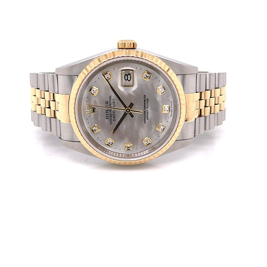 Rolex Datejust 36MM Yellow Gold Stainless and Stainless Steel Mother of Pearl Diamond Dial 16233 - Beverly Hills Watch CompanyRolex Datejust 36MM Yellow Gold Stainless and Stainless Steel Mother of Pearl Diamond Dial 16233 - Beverly Hills Watch Company