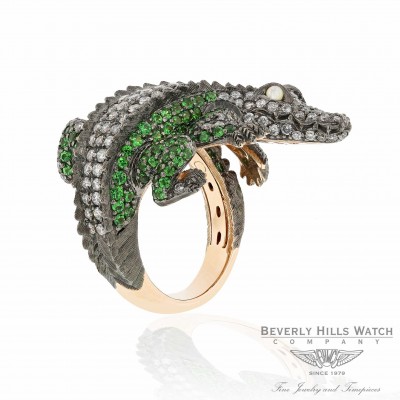 18k Rose Gold Alligator Catseye Silver Diamond Tsavorites Ring UXQ47F - Beverly Hills Watch
