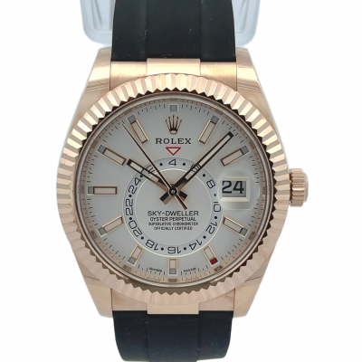 Rolex Sky-Dweller Everose White Index Dial Oysterflex 326235 - Beverly Hills Watch Company