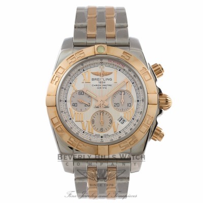 Breitling Chronomat 44mm Chronograph Stainless Steel and Rose Gold Bracelet Silver Roman Numeral Dial Rose Gold Bezel Watch CB011012-G677 Beverly Hills Watch Company Watch Store