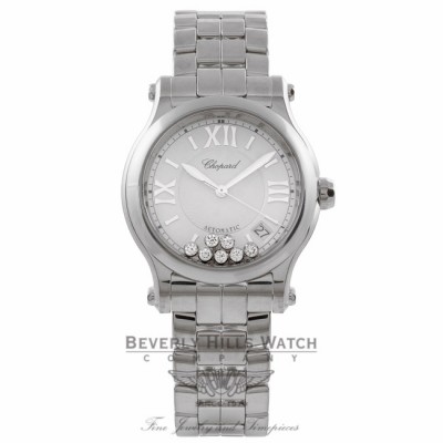 Chopard Happy Sport Medium Stainless Steel Silver Dial 7 Floating Diamonds on Bracelet 278559-3002 7ZJF8Q - Beverly Hills Watch Company Watch Store