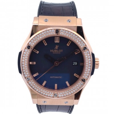 Hublot Classic Fusion 45MM 18k Rose Gold Diamond Bezel Black Dial 542.OX.1180.LR.1104 - Beverly Hills Watch Company