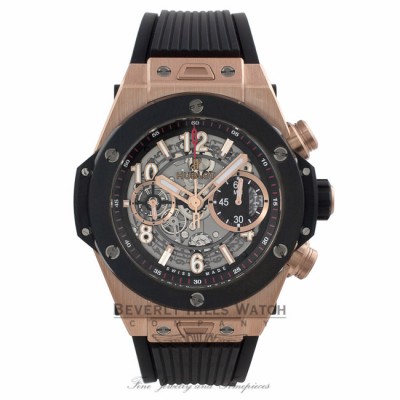Hublot Big Bang Unico Chronograph 45MM Automatic 18k Rose Gold Skeleton Dial Black Rubber Strap 411.OM.1180.RX EKPAX8 - Beverly Hills Watch Company Watch Store