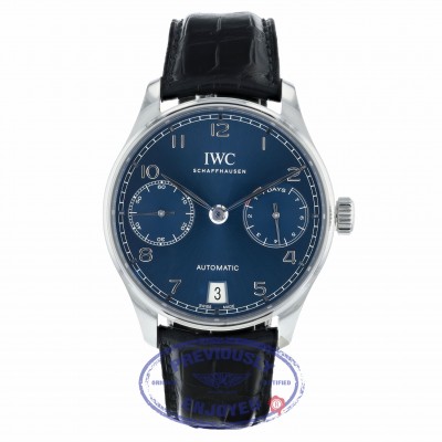 IWC Portugieser Seven Day Reserve 42.3mm Blue Dial Stainless Steel IW500710 5VPMNM - Beverly Hills Watch Company 