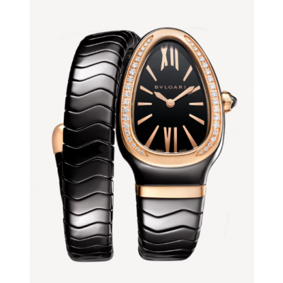 Serpenti Spiga Rose Gold Diamond Bezel Black Ceramic 102532 - Beverly Hills Watch Company