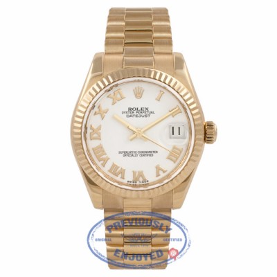 Rolex Datejust 31mm 18K Yellow Gold President Bracelet Fluted Bezel White Roman Numeral Dial Watch 178278 69HKD7 - Beverly Hills Watch Company Watch Store