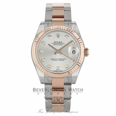 Rolex Datejust 31MM Stainless Steel and Rose Gold Fluted Bezel Silver Diamond Dial 178271 FMP85T - Beverly Hills Watch Company