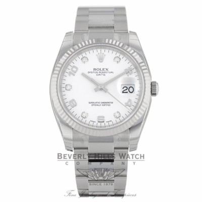 Rolex Date 34MM Stainless Steel 18k White Gold Fluted Bezel White Diamond Dial 115234 PUTNYL - Beverly Hills Watch Company