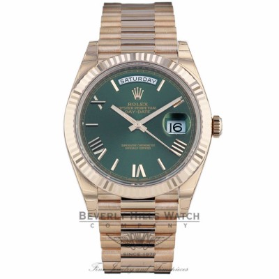 Rolex Day-Date 40mm Green Dial Everose Gold President Bracelet 228235 - Beverly Hills Watch Company