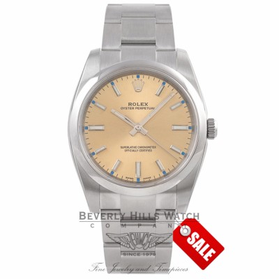 Rolex Oyster Perpetual 34mm Stainless Steel Champagne Dial Index Markings Bracelet 114200 41P22Q - Beverly Hills Watch Company Watch Store