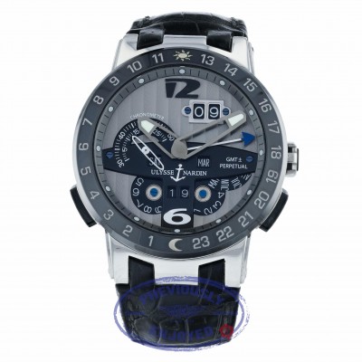 Ulysse Nardin El Toro GMT Silver Dial Platinum Perpetual Calendar 43mm 329-00 9791Z0 - Beverly Hills Watch Company 