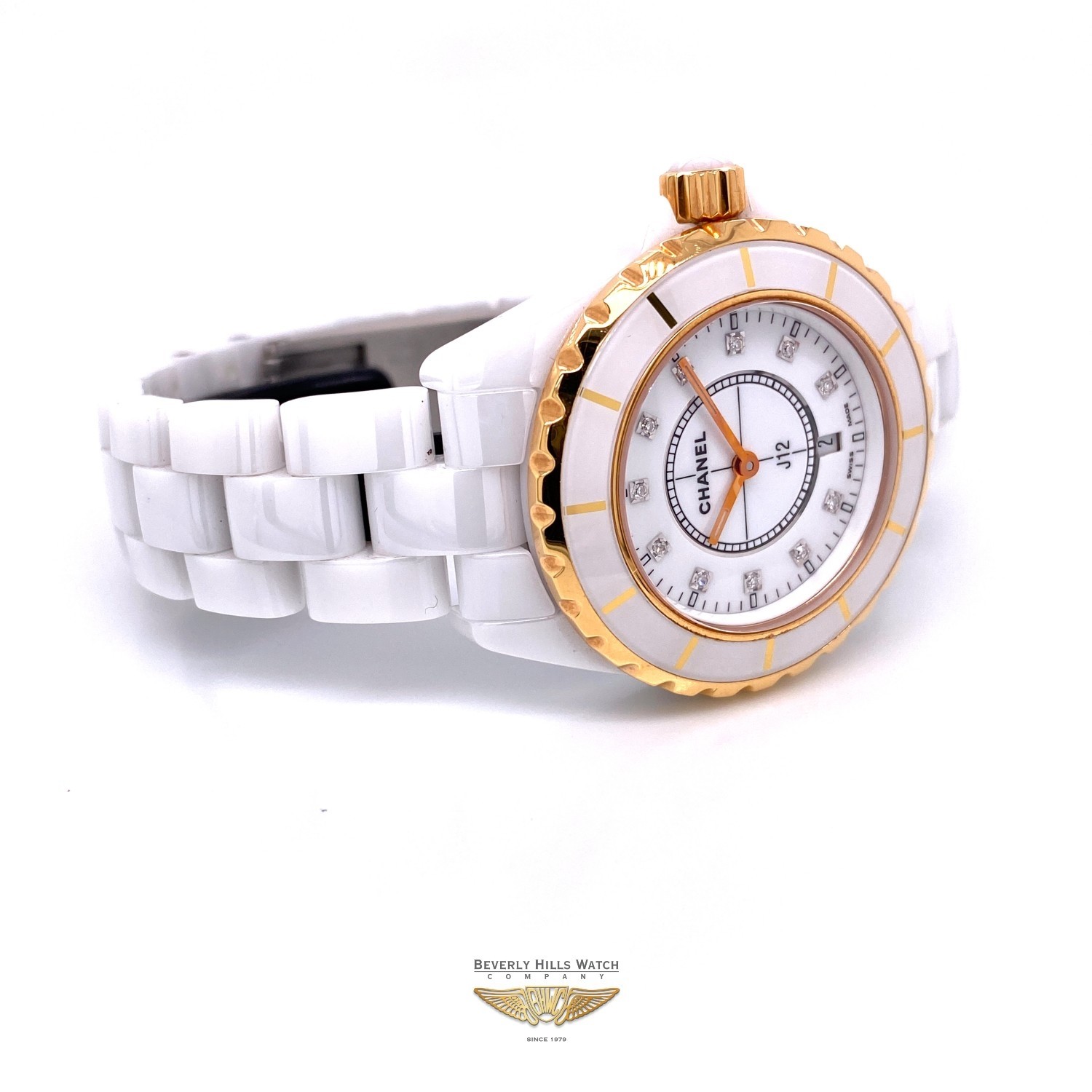 Chanel J12 33mm Rose Gold and White Ceramic Diamond Dial H2128 JTX4ME -  Beverly Hills Watch Company