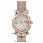 Chopard Happy Sport Oval Medium 18k Rose Gold Diamond Bezel 7 Floating Diamonds White Mother of Pearl Dial 27/8546-6004 TWPV7Q - Beverly Hills Watch Company Watch Store