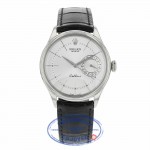 Rolex Cellini Date 39MM 18k White Gold Domed Fluted Double Bezel Silver Guilloche Dial Black Strap 50519 42ZRF5 - Beverly Hills Watch Company