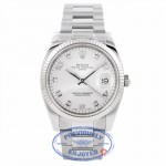 Rolex Date 34MM Stainless Steel 18k White Gold Fluted Bezel Silver Diamond Dial 115234 Z1V4IG - Beverly Hills Watch Company Watch Store