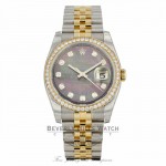 Rolex Datejust 36mm Yellow Gold Stainless Steel Diamond Bezel Black Mother of Pearl Diamond Dial 116243 - Beverly Hills Watch Company