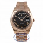 Rolex Day Date II 41MM Rose Gold President Bracelet Fluted Bezel Black Roman Dial 218235 4J9HPR - Beverly Hills Watch Company Watch Store