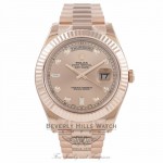 Rolex Day Date II 41mm Rose Gold President Bracelet Fluted Bezel Rose Diamond Dial 218235 NMM47Y - Beverly Hills Watch Company Watch Store