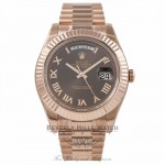 Rolex Day Date II 41mm Rose Gold President Brown Roman Fluted Bezel 218235 0TTEM1 - Beverly Hills Watch Company Watch Store