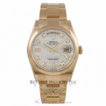 Rolex Day-Date President 36mm 18k Yellow Gold Fluted Bezel White Mother of Pearl Diamond Dial 118208 8NHKJ6 - Beverly Hills Watch Company Watch Store