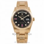 Rolex Day-Date President 36MM Yellow Gold Black Diamond & Ruby Dial 118208 2E4YXT - Beverly Hills Watch Store