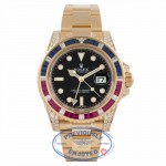 Rolex GMT Master II 18K Yellow Gold Black Dial Rubies & Sapphire Bezel Diamond Case 116758SARU JZHMPX  - Beverly Hills Watch Company Watch Store