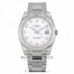 Rolex Date 34MM Stainless Steel 18k White Gold Fluted Bezel White Diamond Dial 115234 PUTNYL - Beverly Hills Watch Company