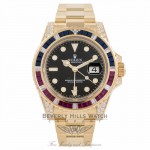 Rolex GMT Master II 18K Yellow Gold Black Dial Rubies & Sapphire Bezel Diamond Case 116758 - Beverly Hills Watch Company Watch Store