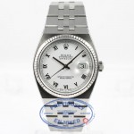 Rolex OysterQuartz 36mm Stainless Steel Bracelet Fluted Bezel White Roman Dial Watch 17014A Beverly Hills Watch Store